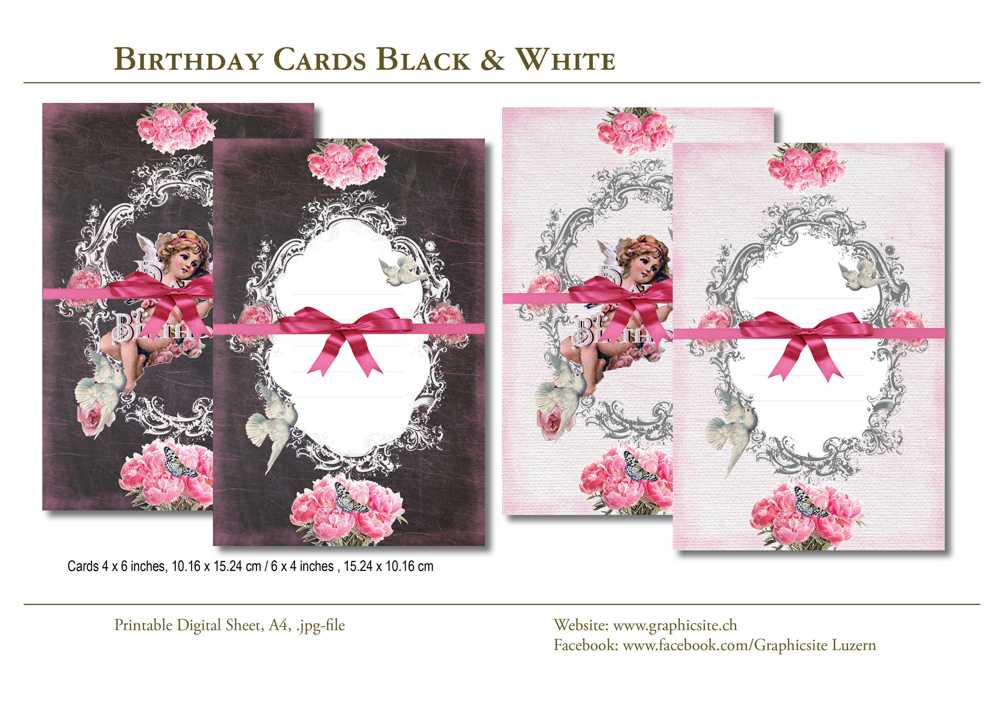 Printable Sheets - Cards 4x6 images - Birthday - BlackWhite, Angel, Roses